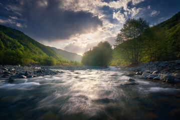 Beautiful sunny summer landscape. Fast flowing mountain river