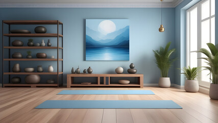 The interior of a cozy yoga room in blue tones.