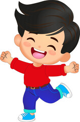 Vector illustration of a joyful boy jumping, dancing, and playing in a kindergarten setting, depicted in a vibrant, child-friendly style