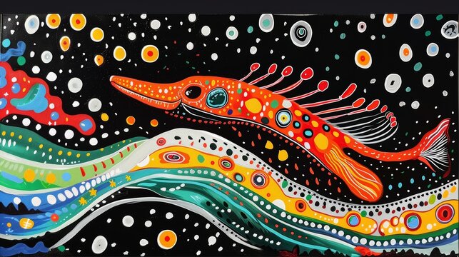 A painting of a fish with bright colors and patterns on a black background.