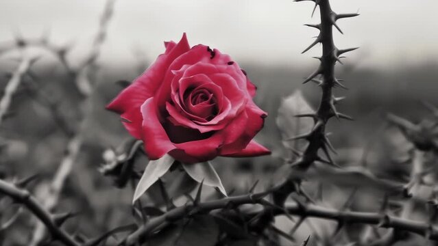 A vibrant red rose in full bloom, its petals standing out amidst the sharp thorns of the surrounding brambles, rendered in monochrome. 
