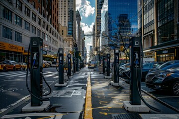 Urban Electric Vehicle Charging Stations Downtown - obrazy, fototapety, plakaty