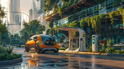 Smart electric car charging at an eco-friendly station in a sustainable city