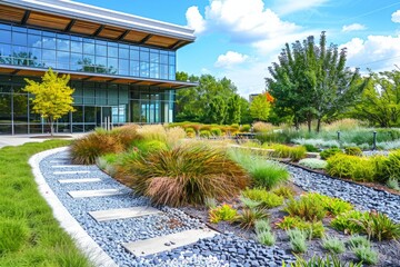 Green Corporate Building Exterior, Environmentally Friendly Grounds