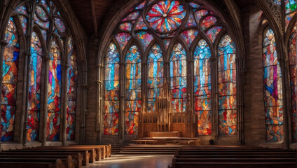 Fototapeta na wymiar Multicolored layers evoking the intricate patterns of stained glass windows in a cathedral.
