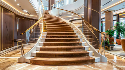 Crafting a staircase in rich chocolate brown tones, accented with shimmering gold details, for a...
