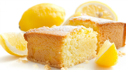 Homemade Lemon Cake Slice on White Background - Fresh Citrus Dessert for Snack Time