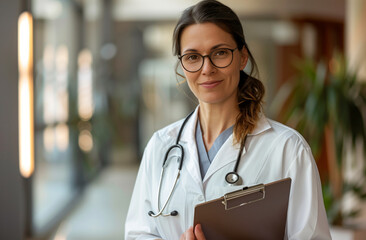 Portrait of beautiful strong woman doctor looking at camera in background at hospital or clinic 