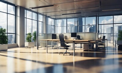 modern office interior, illustration of empty modern corporate office background with glass walls and modern infrastructure and furniture