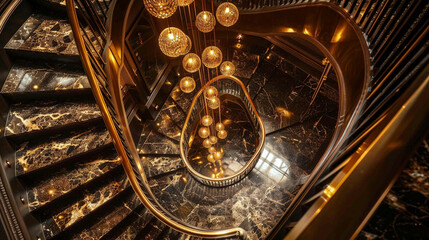 Crafting a staircase in rich chocolate brown tones, accented with shimmering gold details, for a...