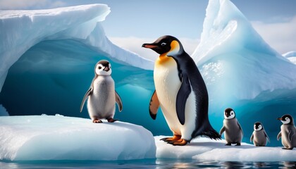 Obraz premium A family of penguins stands together on a floating iceberg surrounded by the vast blue ocean under a clear sky.. AI Generation