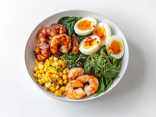 Fotobehang A bowl of shrimp, egg, corn, spinach and salad, healthy food with white background, Generative AI © Sarawut