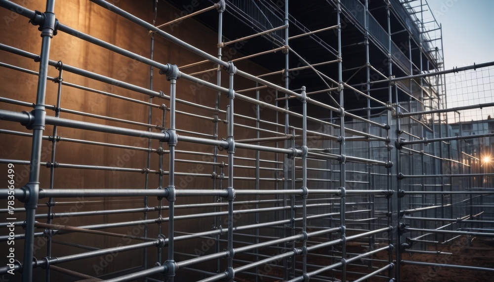 Poster the geometric patterns of metal scaffolding against a building in the early evening reflect the intr