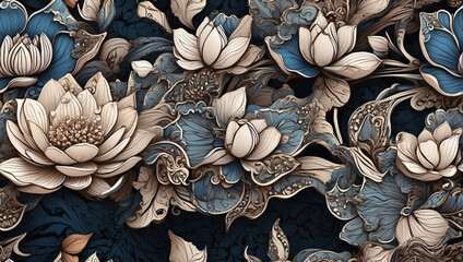 Ornate zentangle lotus seamless pattern, with intricate petals and swirling water elements.