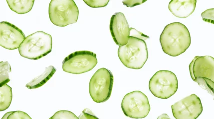 Fotobehang Fresh Falling Cucumber Slice Isolated on White Background, Culinary Ingredient for Healthy Cooking, Organic Vegan Nutrition Concept with Copy Space © Pasinee