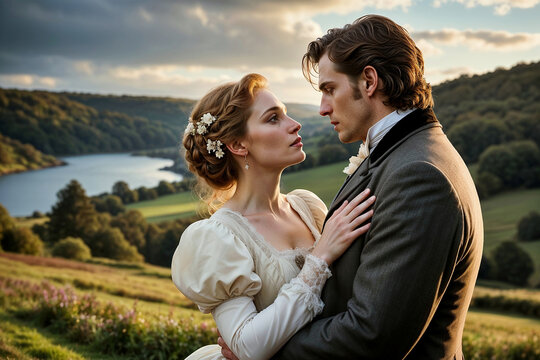 A handsome rich count and his beautiful lady love sharing a loving intimate moment together in a romantic scenic countryside. Couples, lovers embracing each other, in Victorian era period romance.