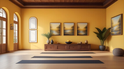 The interior of a cozy yoga room in yellow tones.