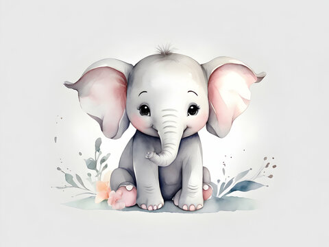 Very cute nursery stylized watercolour clip art, cute simple little elephant,cute very simple delicate watercolor, soft pastel colours, light grey contour, white transparent background Ai generative 