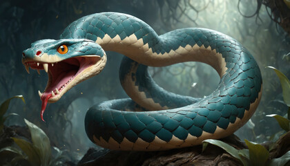 Fantasy Illustration of a wild snake. Digital art style wallpaper background. - obrazy, fototapety, plakaty