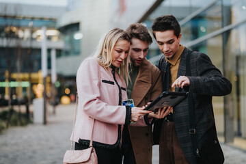 Fototapeta premium Corporate professionals engaged in an outdoor meeting, strategizing and discussing company growth, analyzing data on a tablet.