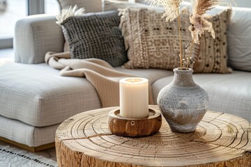 Fototapeta na wymiar A Wooden Round Table with a Burning Candle and Fresh Flowers in a Glass Vase, Depicting a Modern Home Interior Design of a Living Room in a Cozy Home Concept. A Detailed Photograph. 