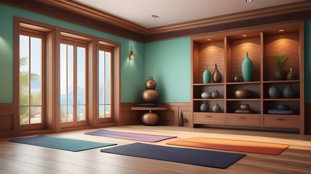 The interior of a cozy yoga room in turquoise tones. - Powered by Adobe