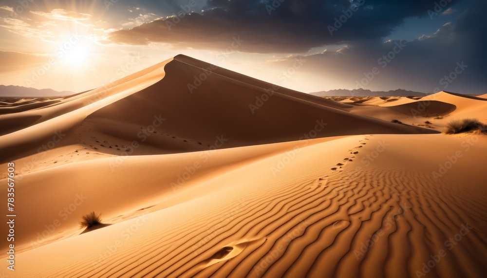 Poster the warm glow of sunset over smooth sand dunes, creating a tranquil desert landscape with soft shado
