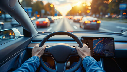 A person driving electric car on the highway,