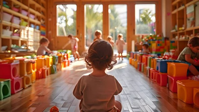 children frolicking in European kindergarten's modern indoor space, with a rustic wooden door as backdrop.generative ai