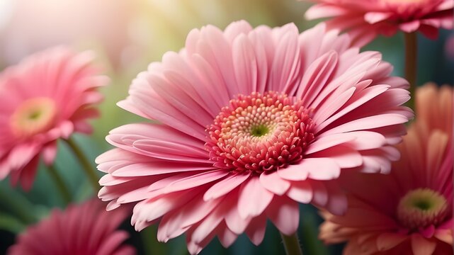 A photorealistic image featuring a close-up view of a pink gerbera flower, serving as the background image. The focus is on capturing the intricate details of the flower petals, stamen, and pistil wi