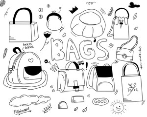 Doodle set bags women school vector set icon set