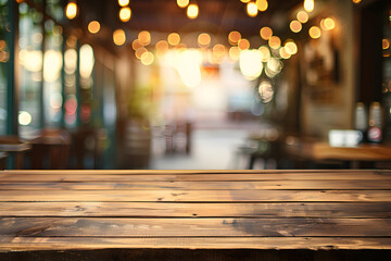 An empty butcherblock table with blurred coffee shop background.