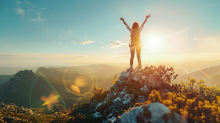 Success images, Winner images, Person standing on top of the mountain, Spring background, sunlight,...
