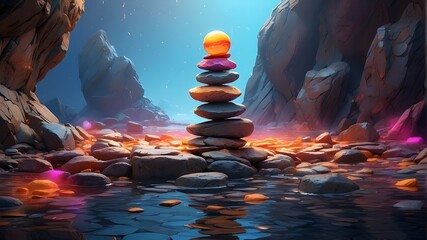 A surrealistic depiction of a stack of rocks on a mystical surface, inspired by abstract expressionism. The rocks are exaggerated in size and shape, appearing almost sculptural in nature, with vibrant - obrazy, fototapety, plakaty