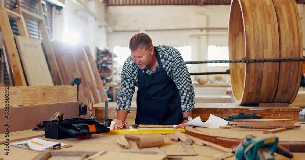 Sticker Mature man, carpenter and drawing at workshop for furniture and design. Handyman, carpentry and measurement for repair on startup business as supervisor or manager with woodwork at warehouse