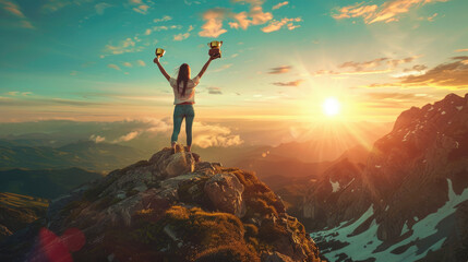 Success images, Winner images, Person standing on top of the mountain, Spring background, sunlight, landscape background