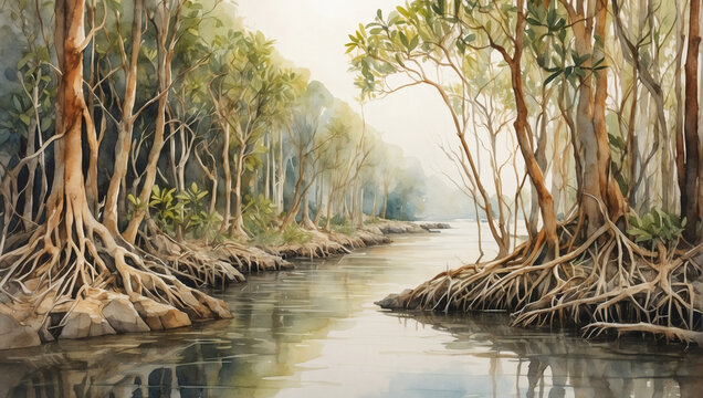 Painting of a mangrove forest ecosystem painted in watercolor.