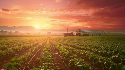 An idyllic farm landscape at sunset, highlighting solar panels alongside traditional farming, showcasing sustainability