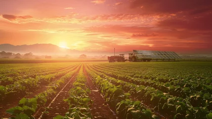 Poster Baksteen An idyllic farm landscape at sunset, highlighting solar panels alongside traditional farming, showcasing sustainability