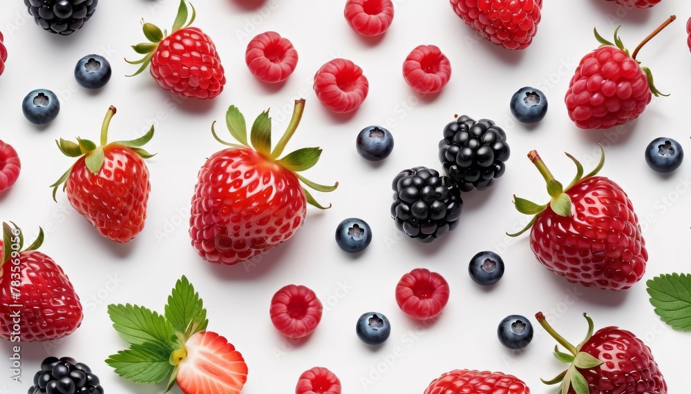 Poster an array of fresh strawberries, raspberries, blackberries, and blueberries isolated on a white backg