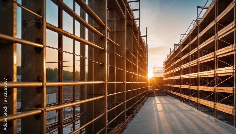 Poster the warm light of golden hour illuminates the metal scaffolding around a building under construction