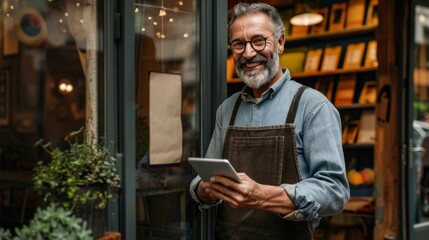 In a greenery-filled shop, a cheerful man in an apron holds a tablet, surrounded by plants and books