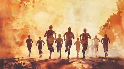 A diverse group of athletes in sportswear is energetically running in a city marathon, showcasing determination and endurance amidst a cheering crowd.