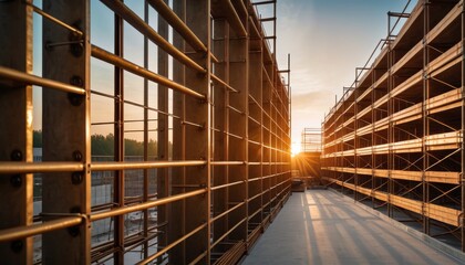 The warm light of golden hour illuminates the metal scaffolding around a building under construction.. AI Generation