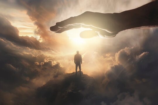 small lonely figure of man stands in heaven in clouds and sees large hand of God. Faith, religion god. all is in God's hands. The righteous is on the true path. Hope and protection of providence
