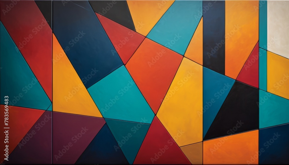 Poster a large, modern abstract painting with bold color blocks in blue, orange, and yellow, creating a dyn