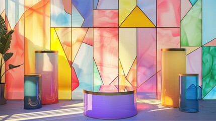 Geometric patterns resembling stained glass windows cover the surface of the GeoRainbow podium. The mix of warm and cool tones creates . .