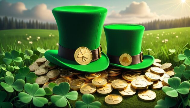 Two identical leprechaun hats rest upon a bed of golden coins amid a field of four-leaf clovers, symbolizing luck and prosperity.. AI Generation