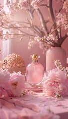 Elegant Perfume Bottle Amongst Pale Pink Flowers