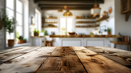 Wood table in middle top with white ceiling, in the style of kitchen still life, blurred.
